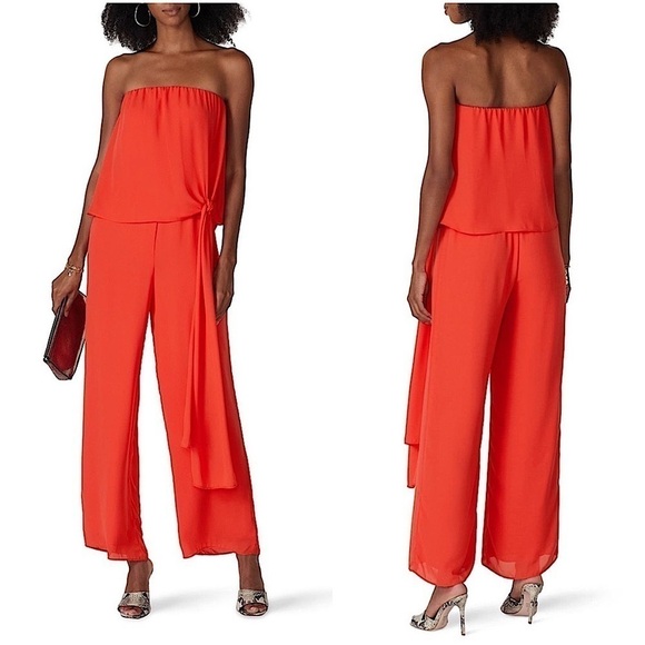 KRISA 70s Wide Leg Strapless Blousy Sash Tie Front Flowy Chiffon Jumpsuit S - Picture 1 of 7